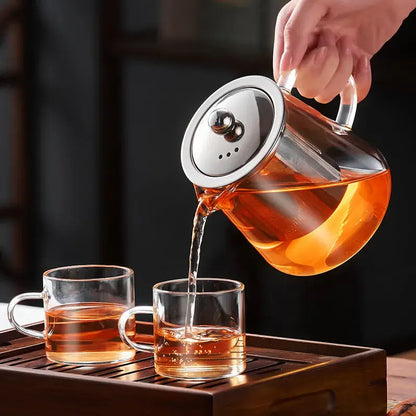 Modern clear glass teapot with silver handle kitchen tea set