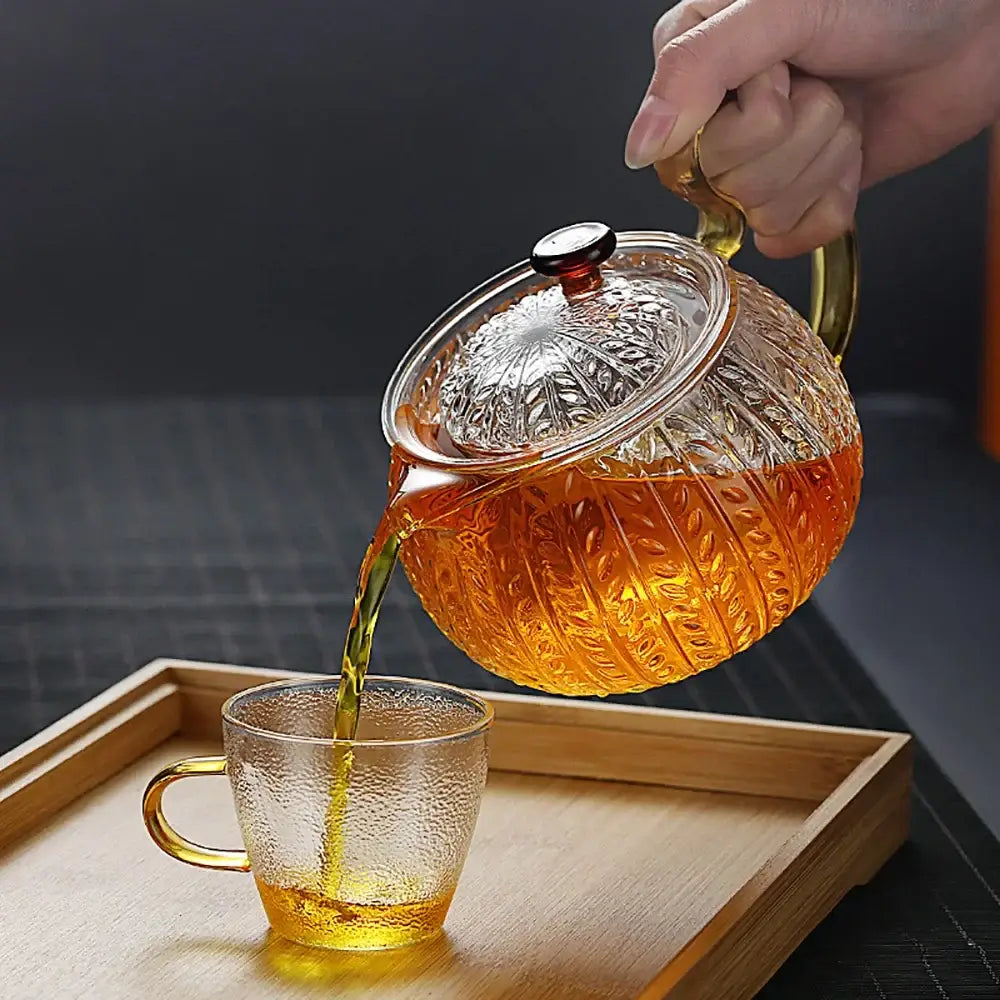 Etched leaf glass teapot with gold handle kitchen tea set
