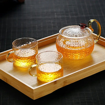 Etched leaf glass teapot with gold handle kitchen tea set