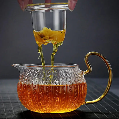 Etched leaf glass teapot with gold handle kitchen tea set