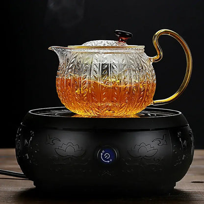 Etched leaf glass teapot with gold handle kitchen tea set