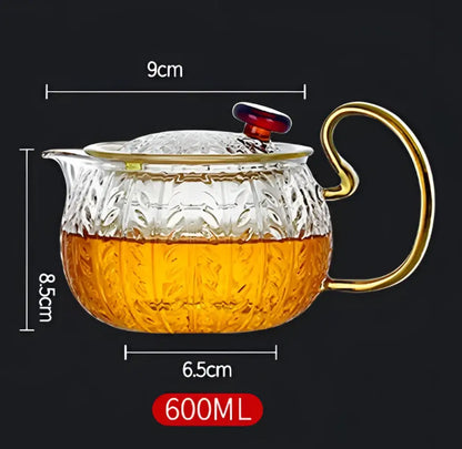 Etched leaf glass teapot with gold handle kitchen tea set