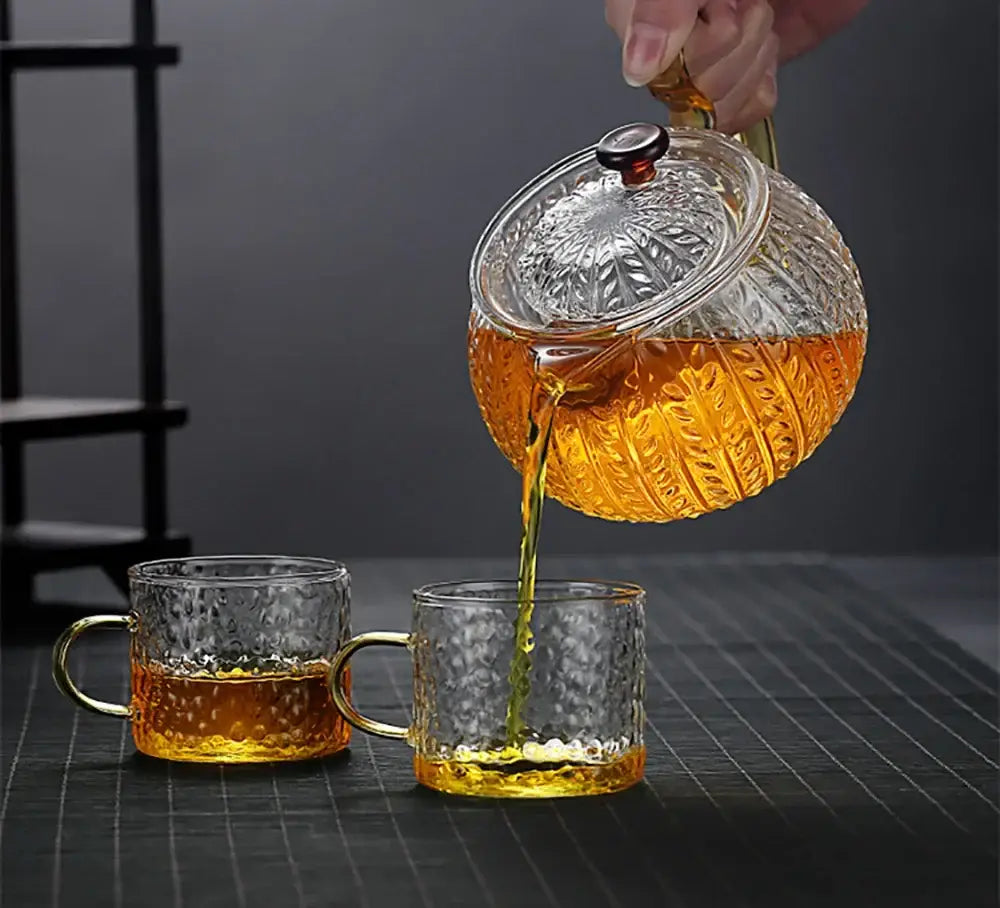 Etched leaf glass teapot with gold handle kitchen tea set