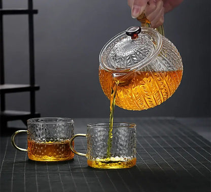 Etched leaf glass teapot with gold handle kitchen tea set
