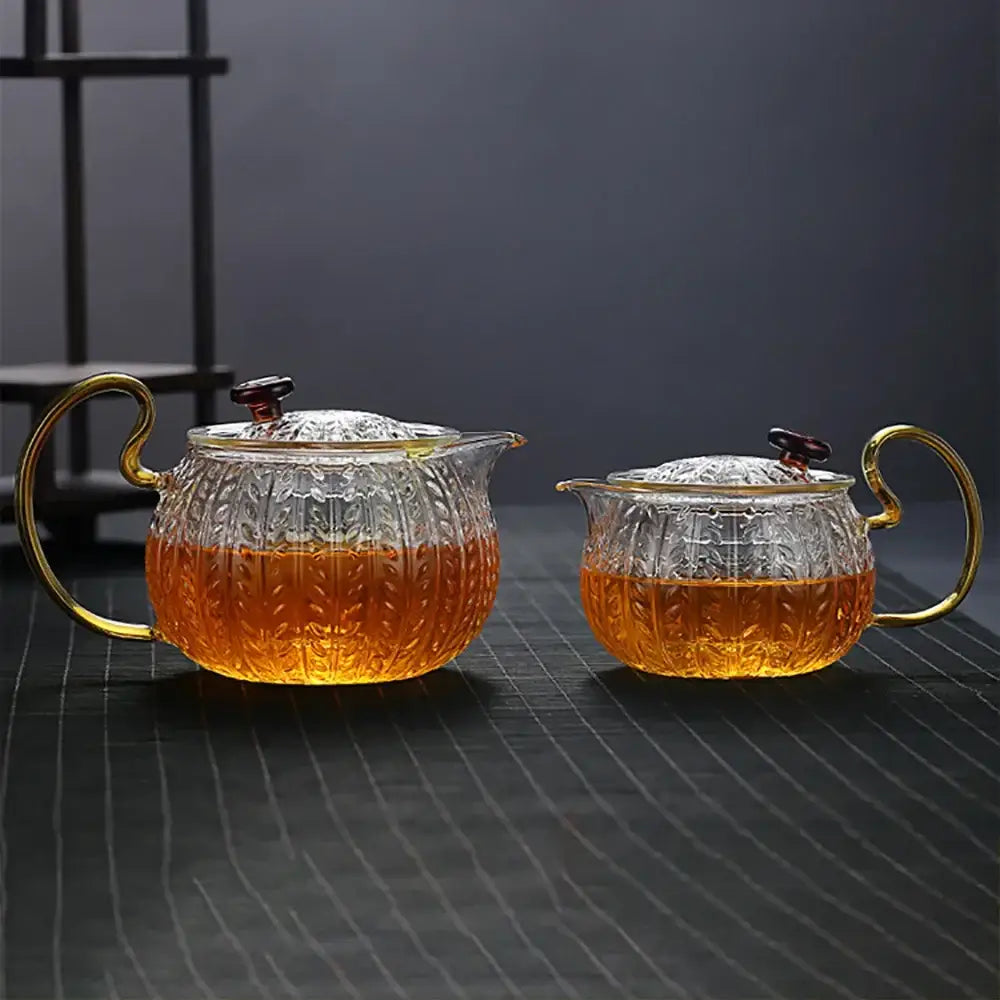 Etched leaf glass teapot with gold handle kitchen tea set