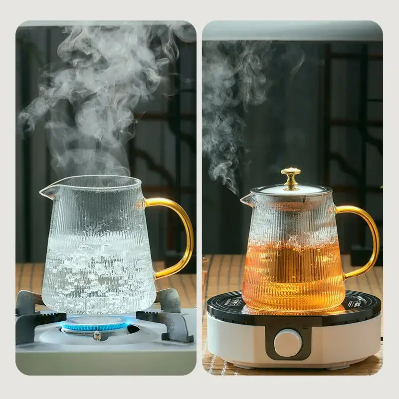 Modern glass teapot with gold knob and cups dining room tea set