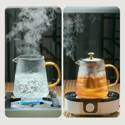 Modern glass teapot with gold knob and cups dining room tea set