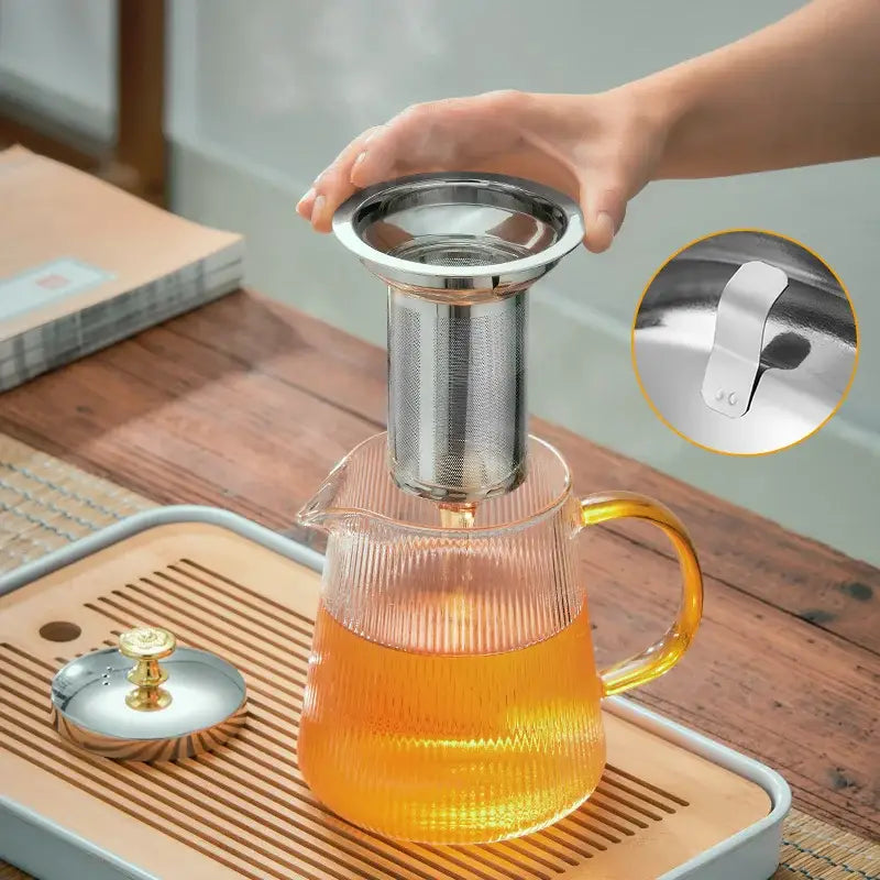 Modern glass teapot with gold knob and cups dining room tea set