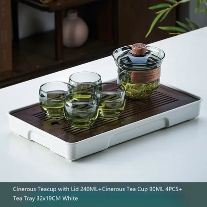 Traditional engraved glass teapot set kitchen bamboo tray storage