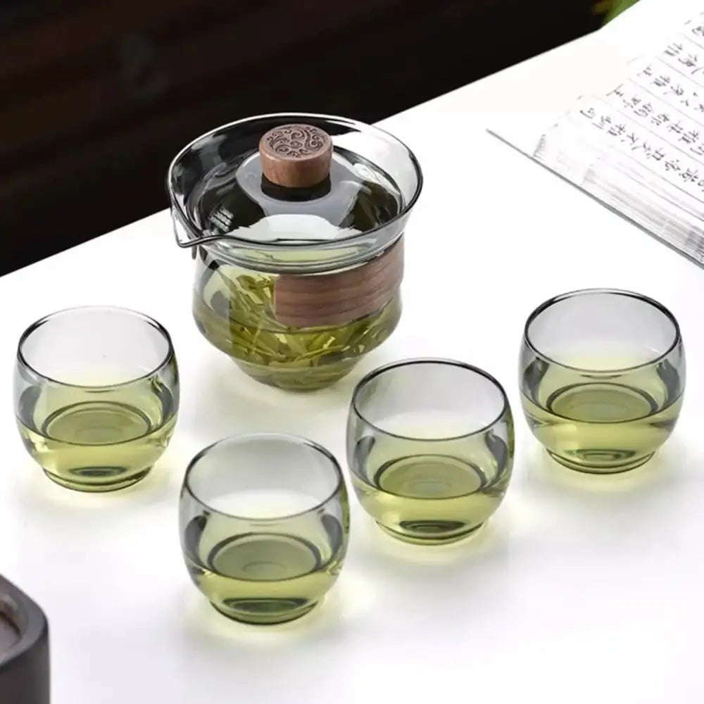 Traditional engraved glass teapot set kitchen bamboo tray storage