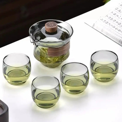 Traditional engraved glass teapot set kitchen bamboo tray storage