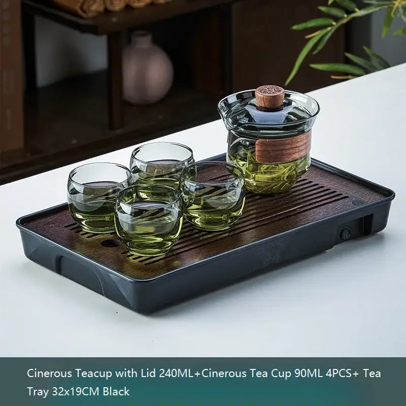 Traditional engraved glass teapot set kitchen bamboo tray storage