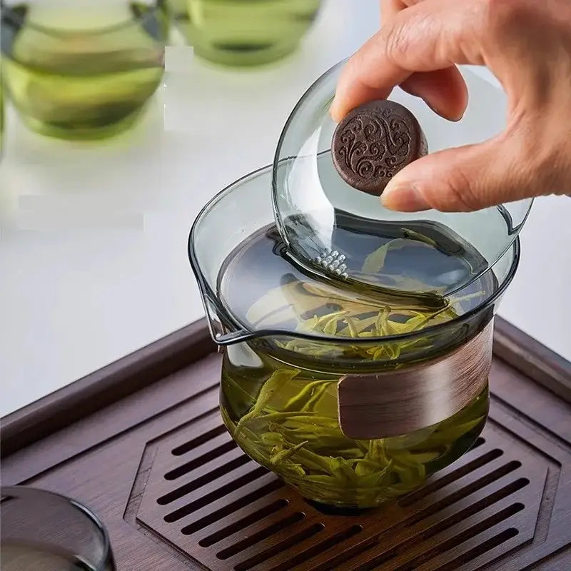 Traditional engraved glass teapot set kitchen bamboo tray storage
