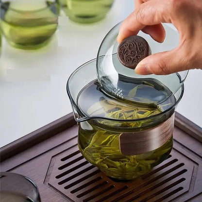 Traditional engraved glass teapot set kitchen bamboo tray storage