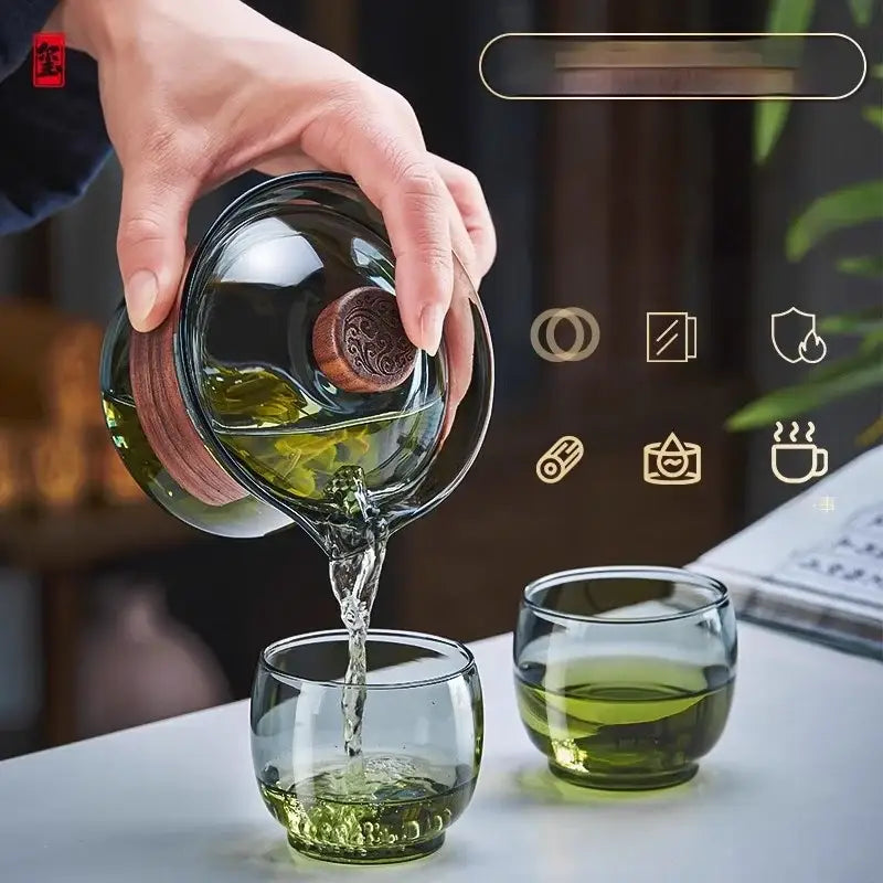 Traditional engraved glass teapot set kitchen bamboo tray storage