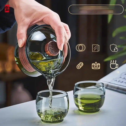 Traditional engraved glass teapot set kitchen bamboo tray storage