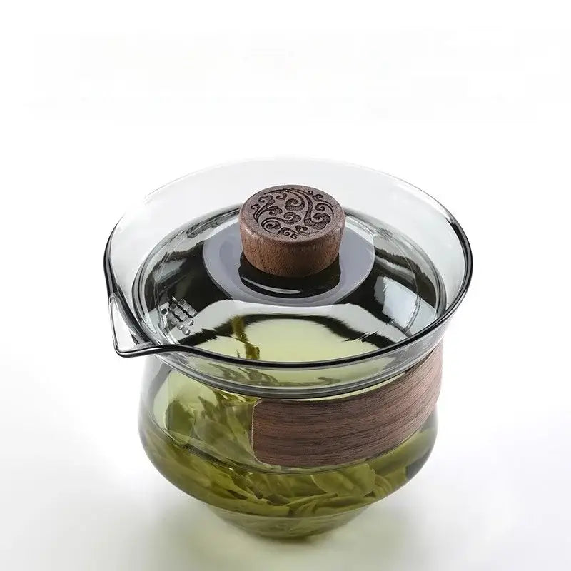 Traditional engraved glass teapot set kitchen bamboo tray storage