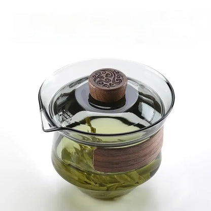Traditional engraved glass teapot set kitchen bamboo tray storage