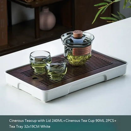 Traditional engraved glass teapot set kitchen bamboo tray storage