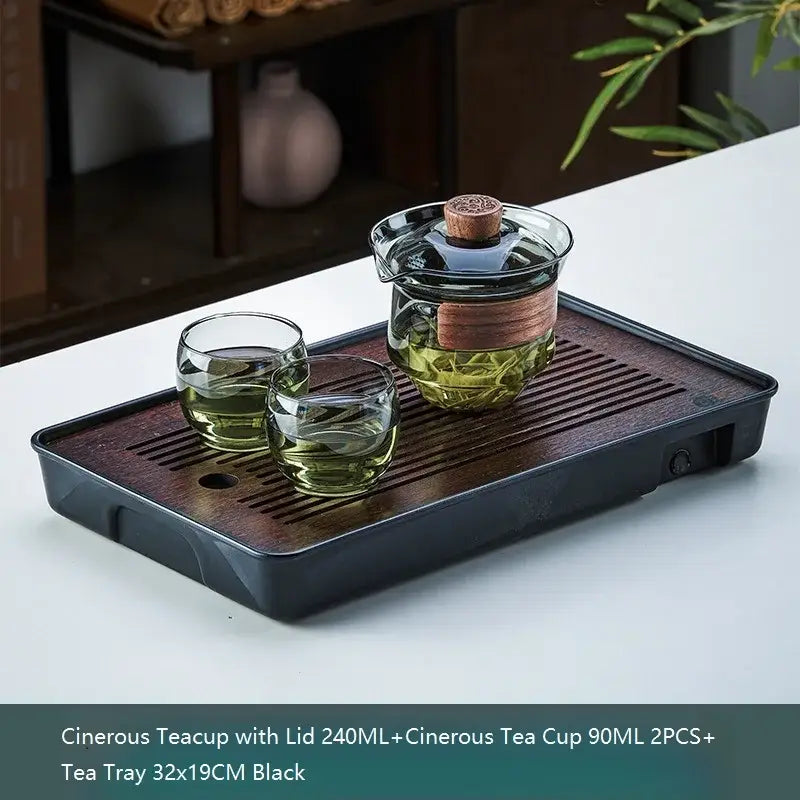 Traditional engraved glass teapot set kitchen bamboo tray storage