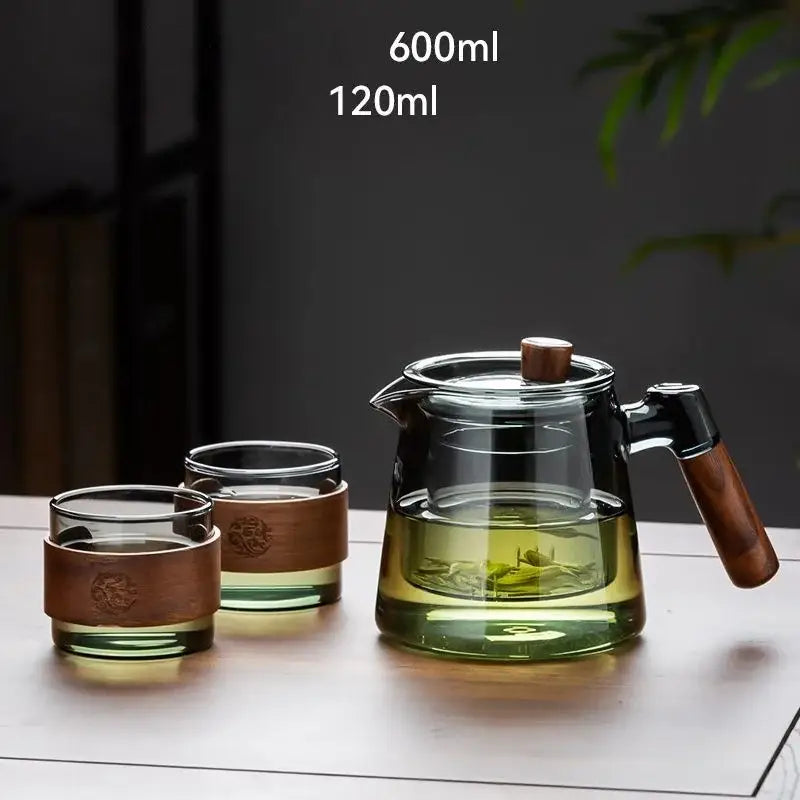 Floral glass teapot set with bamboo sleeve – kitchen tea maker