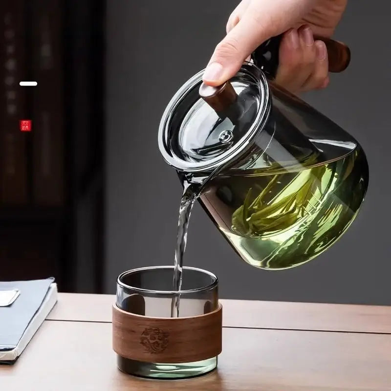 Floral glass teapot set with bamboo sleeve – kitchen tea maker