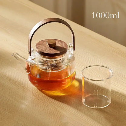 Modern glass teapot set with wood handle – kitchen glassware