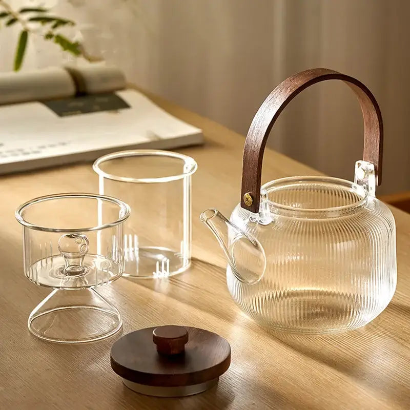 Modern glass teapot set with wood handle – kitchen glassware