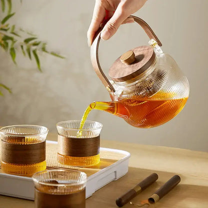 Modern glass teapot set with wood handle – kitchen glassware