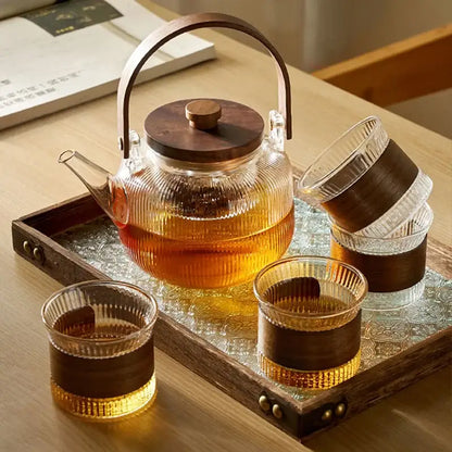 Modern glass teapot set with wood handle – kitchen glassware