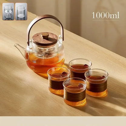 Modern glass teapot set with wood handle – kitchen glassware