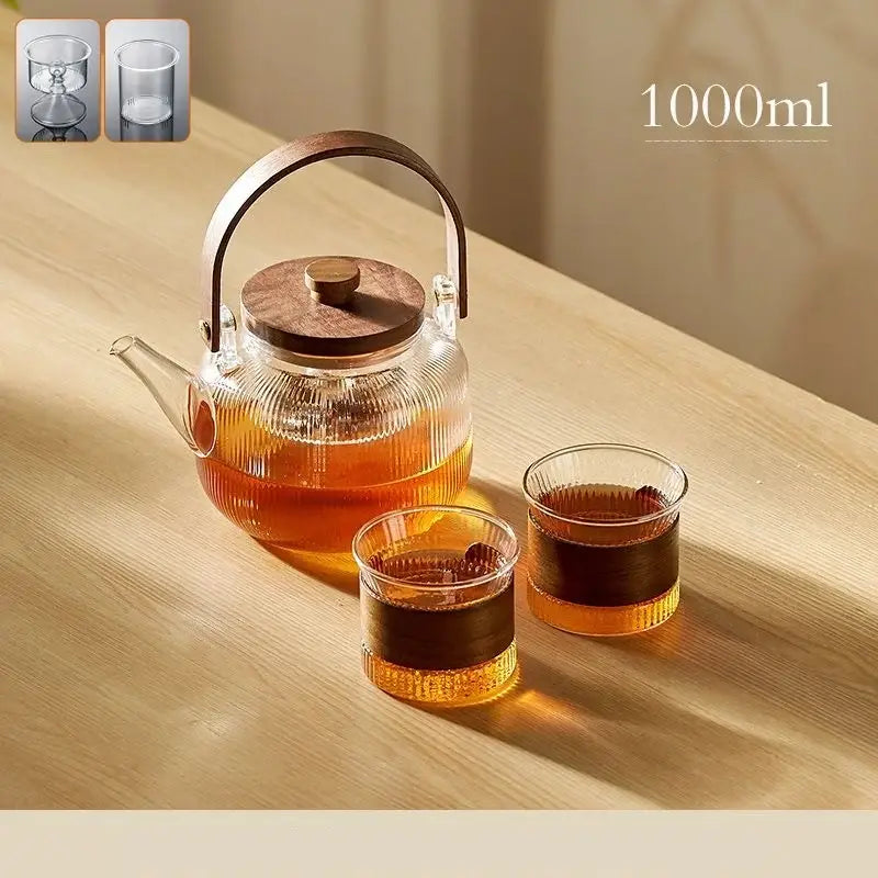 Modern glass teapot set with wood handle – kitchen glassware