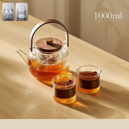 Modern glass teapot set with wood handle – kitchen glassware
