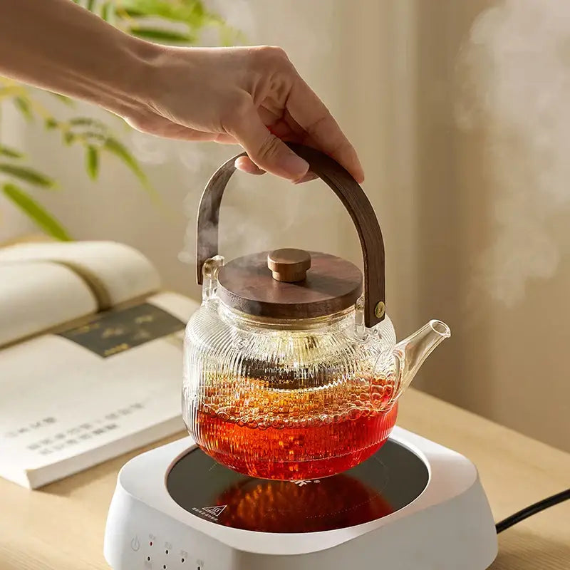 Modern glass teapot set with wood handle – kitchen glassware