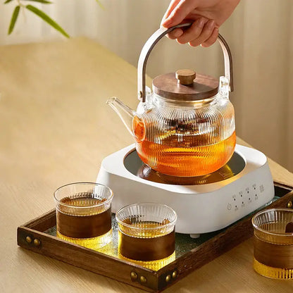 Modern glass teapot set with wood handle – kitchen glassware
