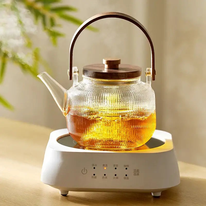 Modern glass teapot set with wood handle – kitchen glassware