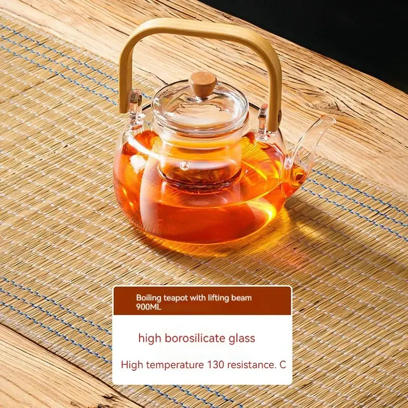 Modern glass teapot with wood handle for kitchen and dining room