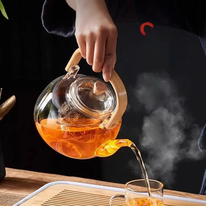 Modern glass teapot with wood handle for kitchen and dining room