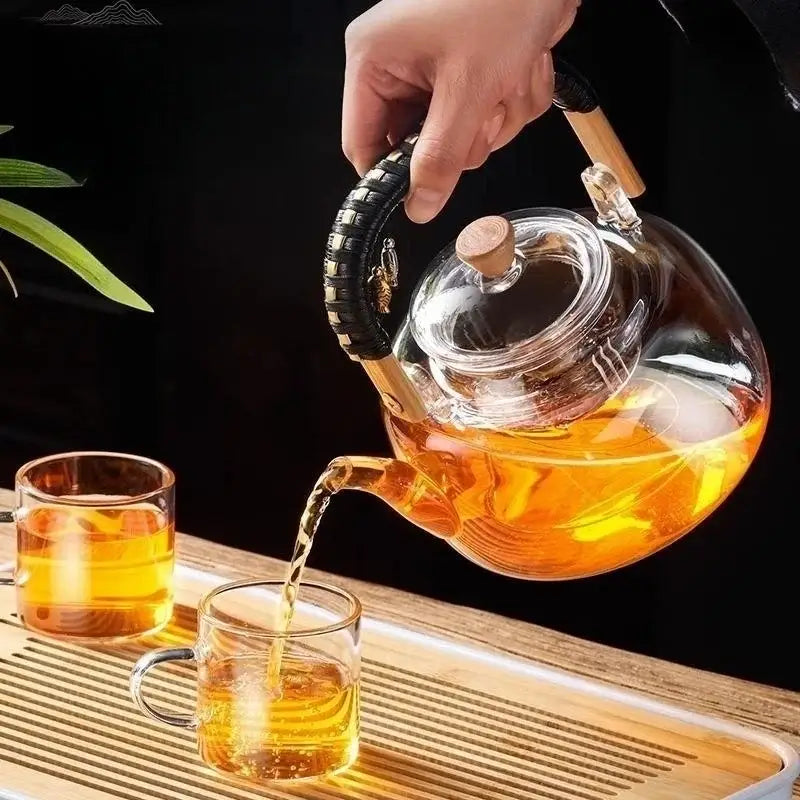 Modern glass teapot with wood handle for kitchen and dining room