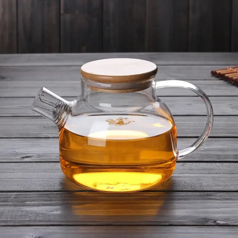 Modern glass teapot with wooden lid – kitchen tea infuser