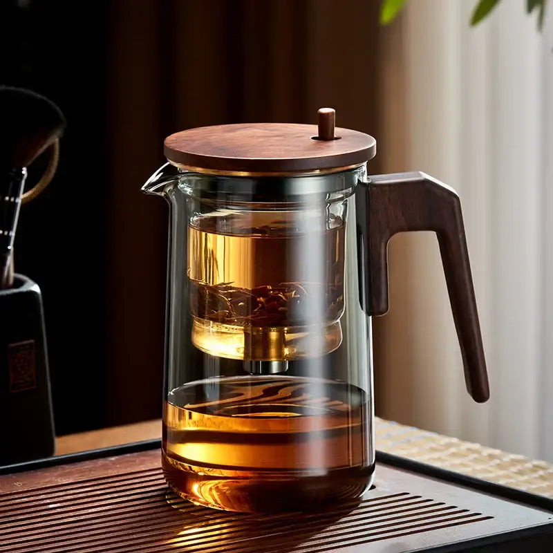 Modern glass teapot with wood handle – kitchen infuser kettle