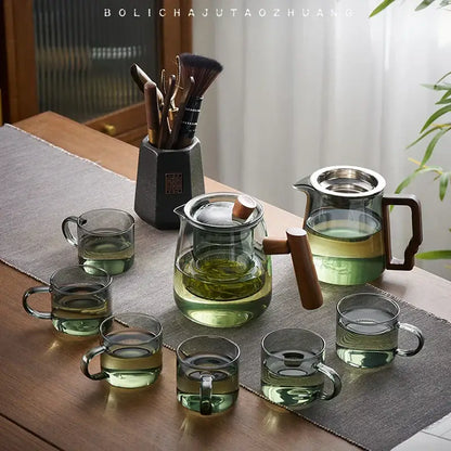 Modern glass teapot with wood handle dining room tea set with cups