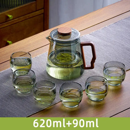Modern glass teapot with wood handle dining room tea set with cups