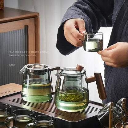 Modern glass teapot with wood handle dining room tea set with cups