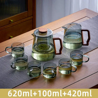 Modern glass teapot with wood handle dining room tea set with cups