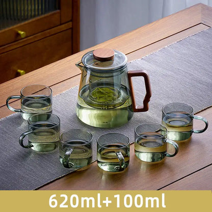 Modern glass teapot with wood handle dining room tea set with cups