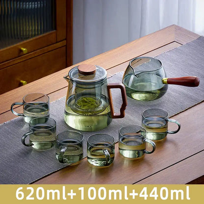 Modern glass teapot with wood handle dining room tea set with cups