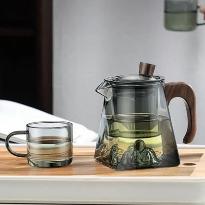 Mountain base glass teapot with wood handle – kitchen infuser teaware