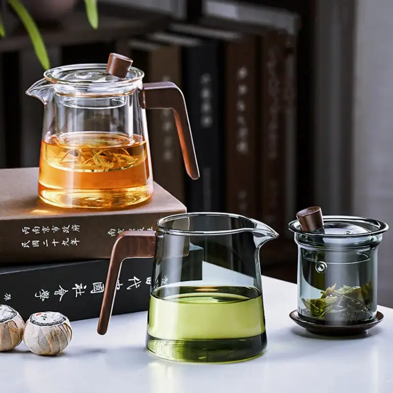 Minimalist glass teapot wood handle set for kitchen tea steeping