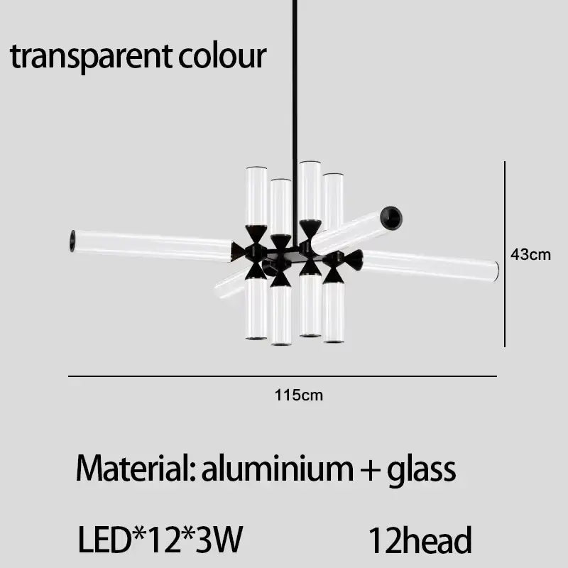Modern black glass tube chandelier dining room led pendant light